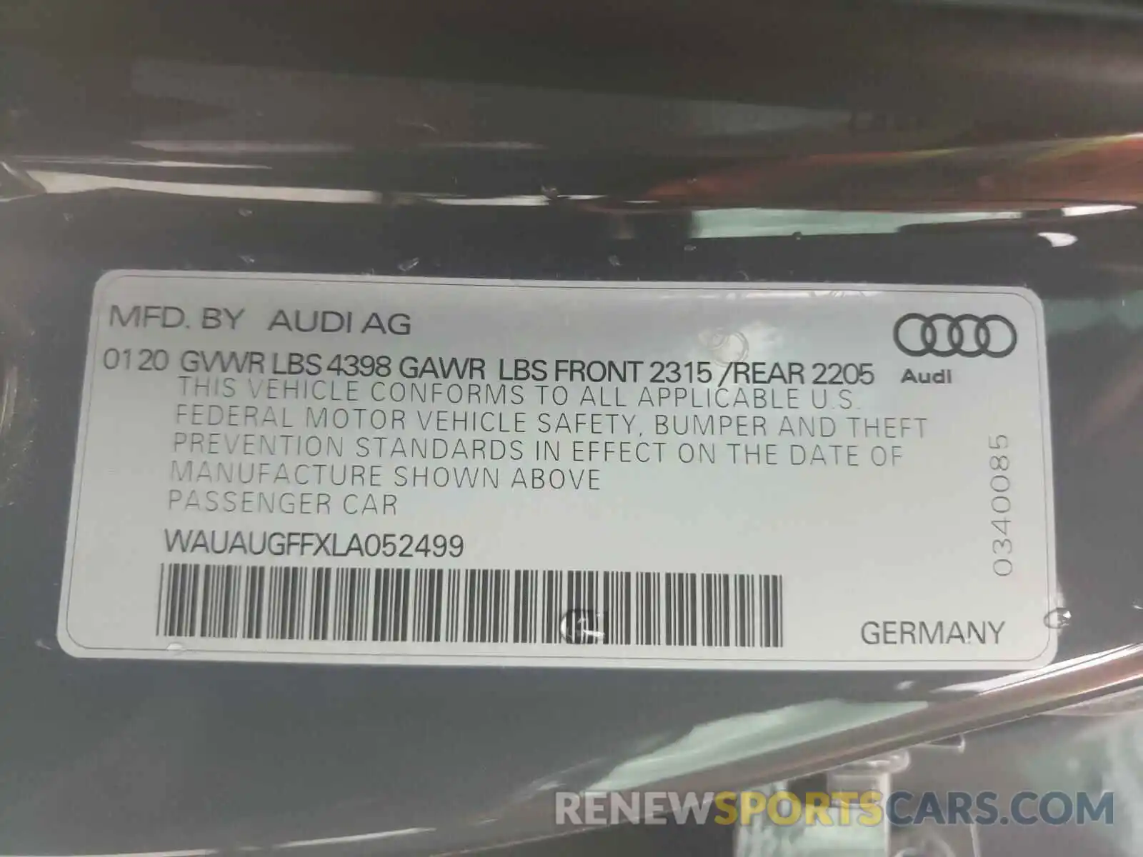 10 Фотография поврежденного автомобиля WAUAUGFFXLA052499 AUDI A3 2020