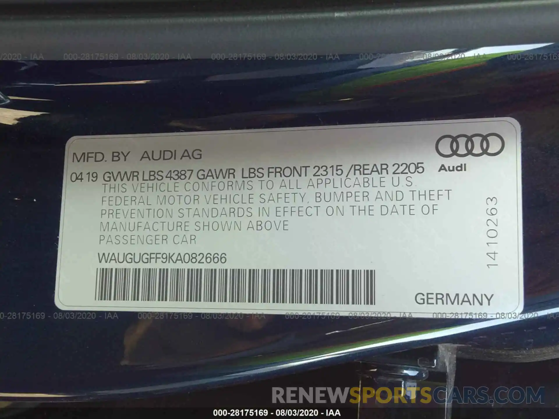 9 Photograph of a damaged car WAUGUGFF9KA082666 AUDI A3 SEDAN 2019