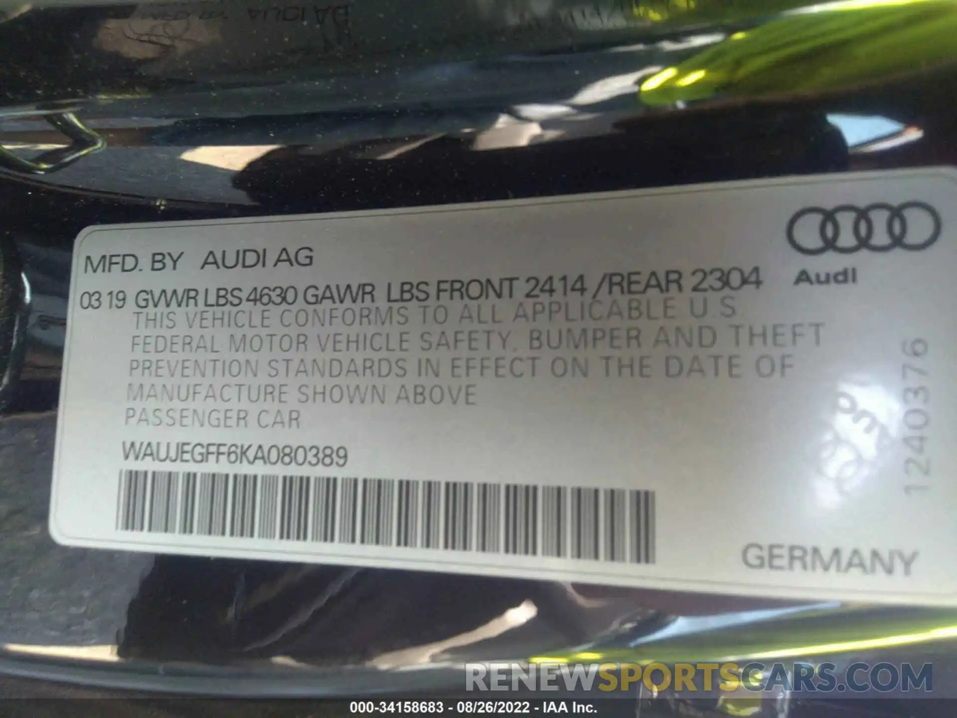 9 Photograph of a damaged car WAUJEGFF6KA080389 AUDI A3 SEDAN 2019