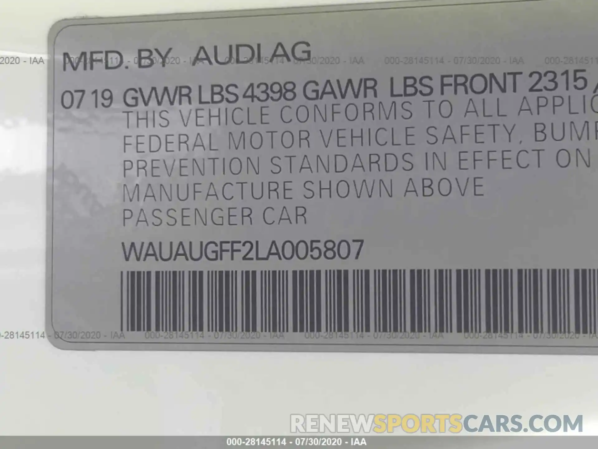 9 Photograph of a damaged car WAUAUGFF2LA005807 AUDI A3 SEDAN 2020