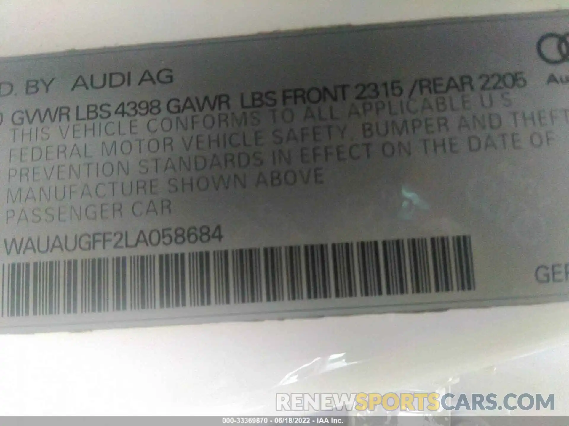 9 Photograph of a damaged car WAUAUGFF2LA058684 AUDI A3 SEDAN 2020