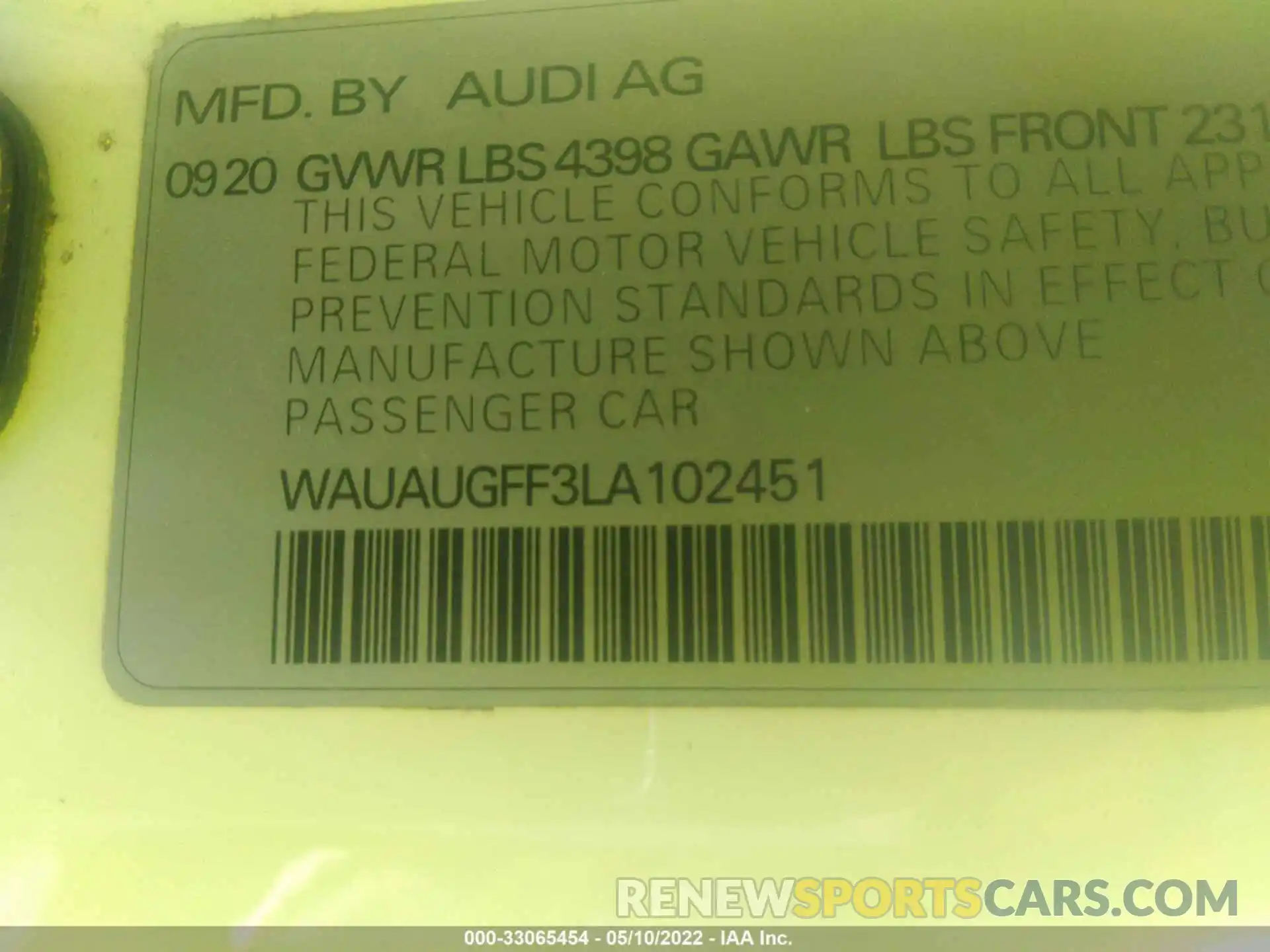 9 Photograph of a damaged car WAUAUGFF3LA102451 AUDI A3 SEDAN 2020