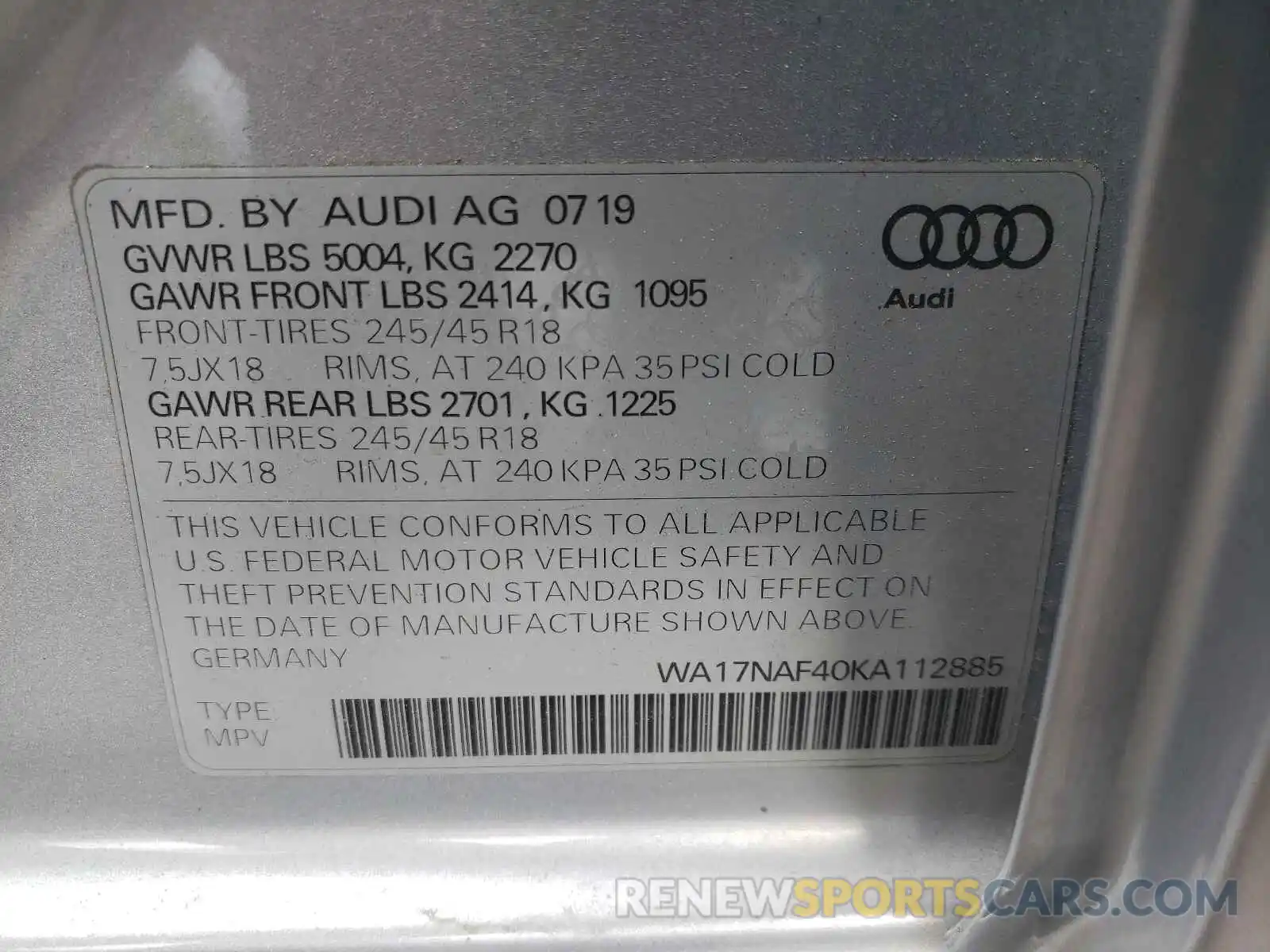 10 Photograph of a damaged car WA17NAF40KA112885 AUDI A4 2019