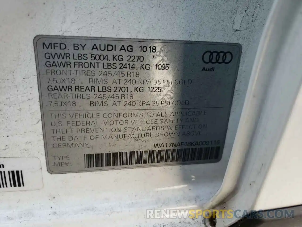 10 Photograph of a damaged car WA17NAF48KA009116 AUDI A4 2019