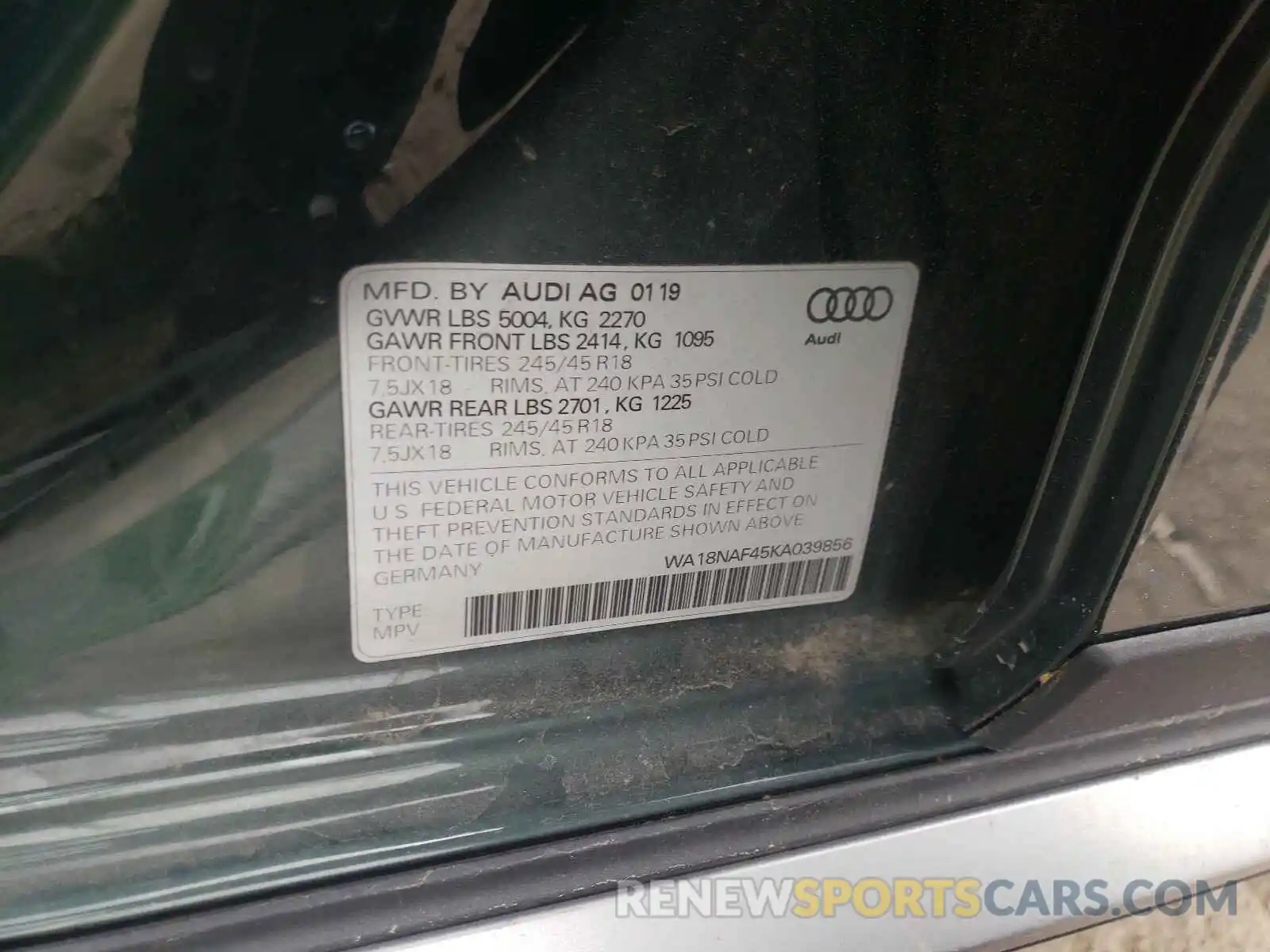 10 Photograph of a damaged car WA18NAF45KA039856 AUDI A4 2019