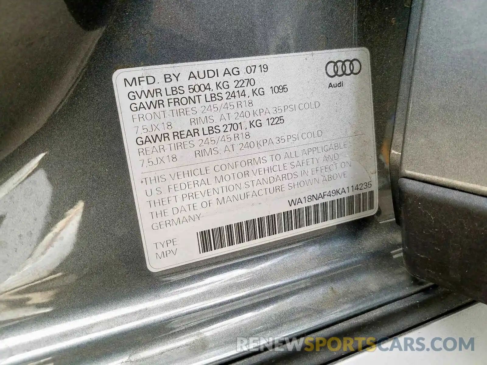 10 Photograph of a damaged car WA18NAF49KA114235 AUDI A4 2019