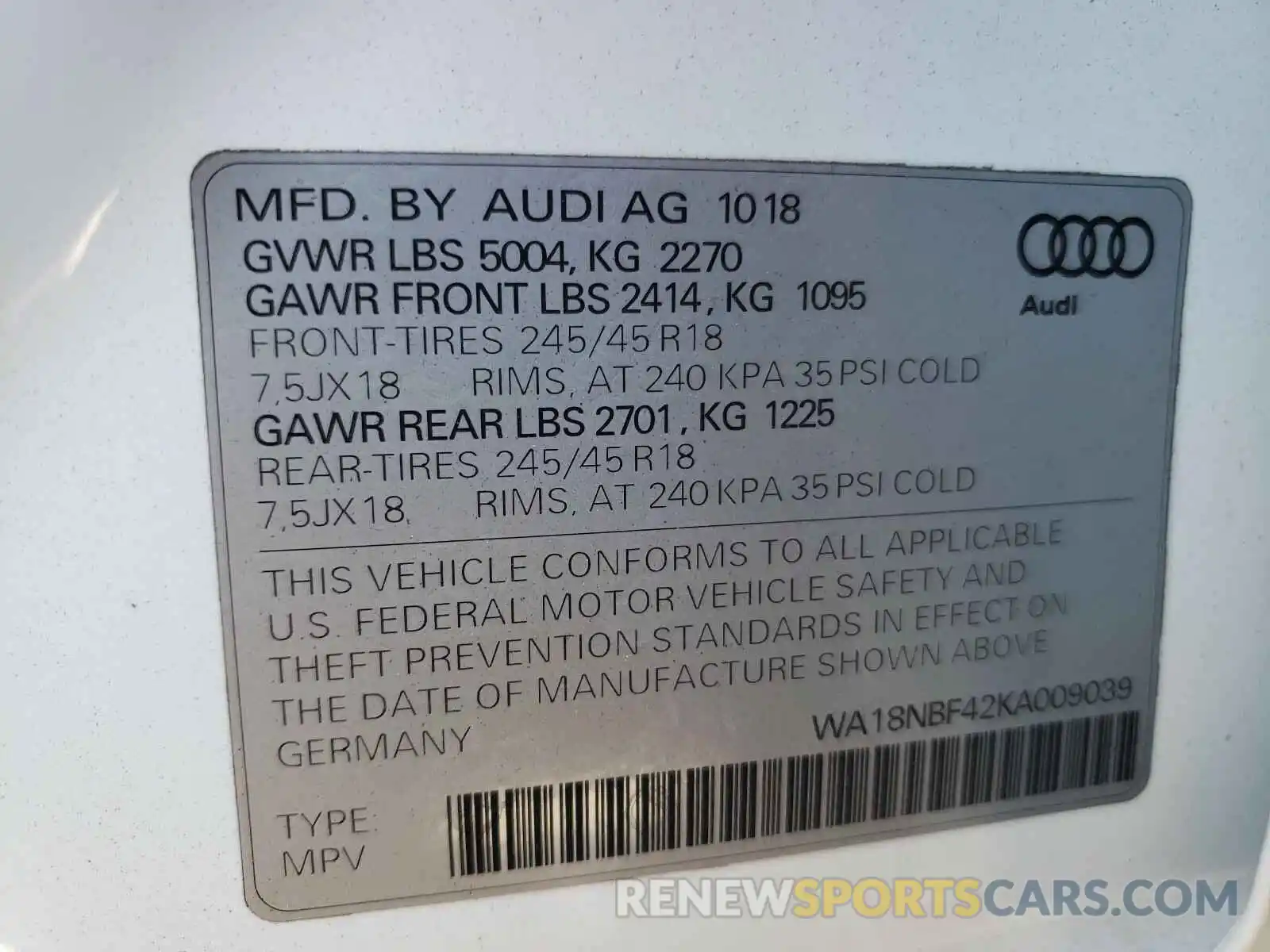 10 Photograph of a damaged car WA18NBF42KA009039 AUDI A4 2019