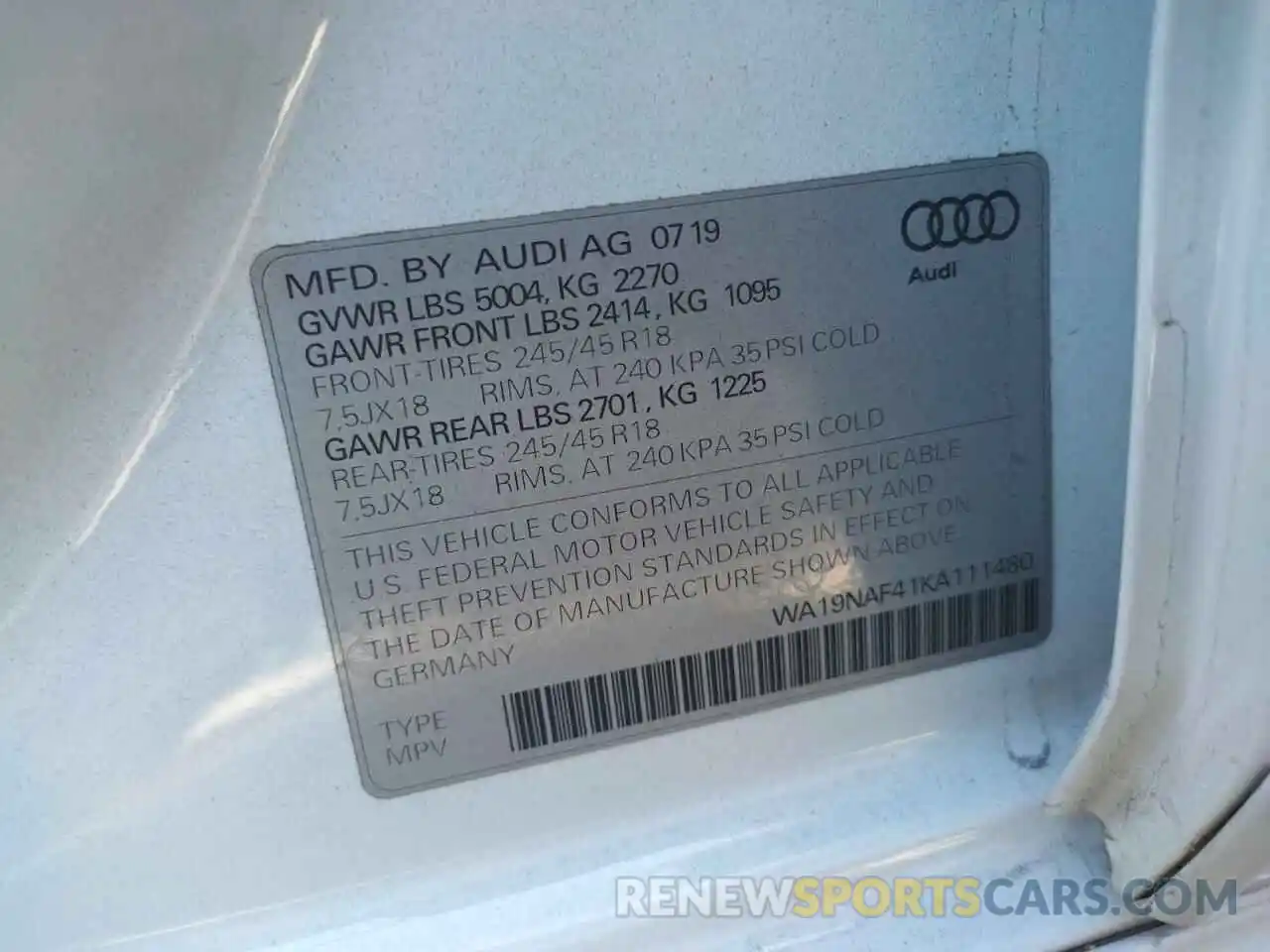 10 Photograph of a damaged car WA19NAF41KA111480 AUDI A4 2019