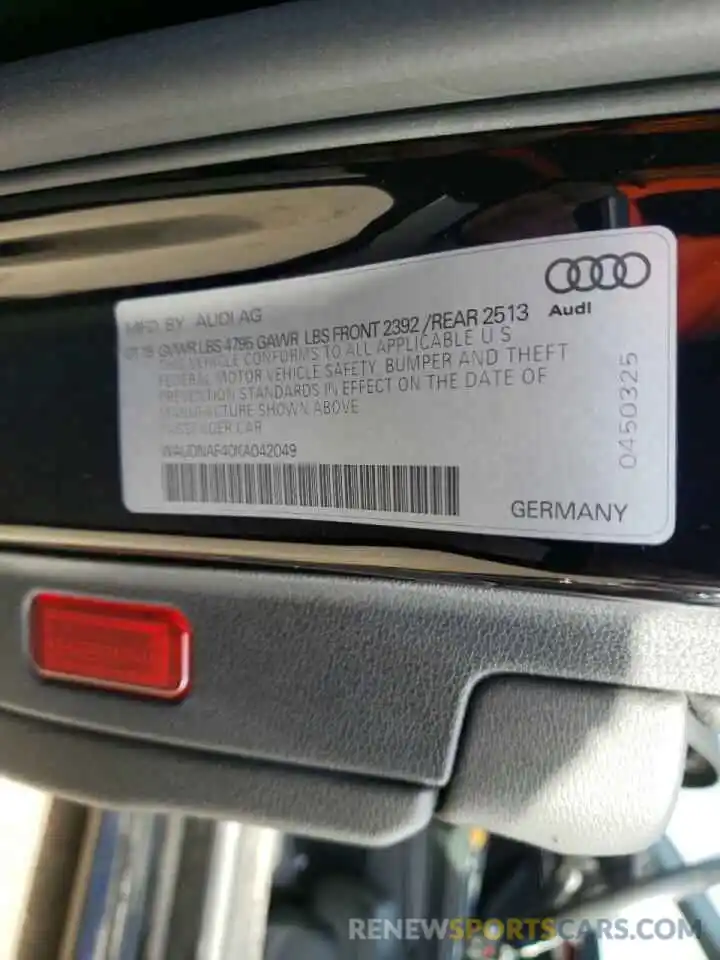 10 Photograph of a damaged car WAUDNAF40KA042049 AUDI A4 2019