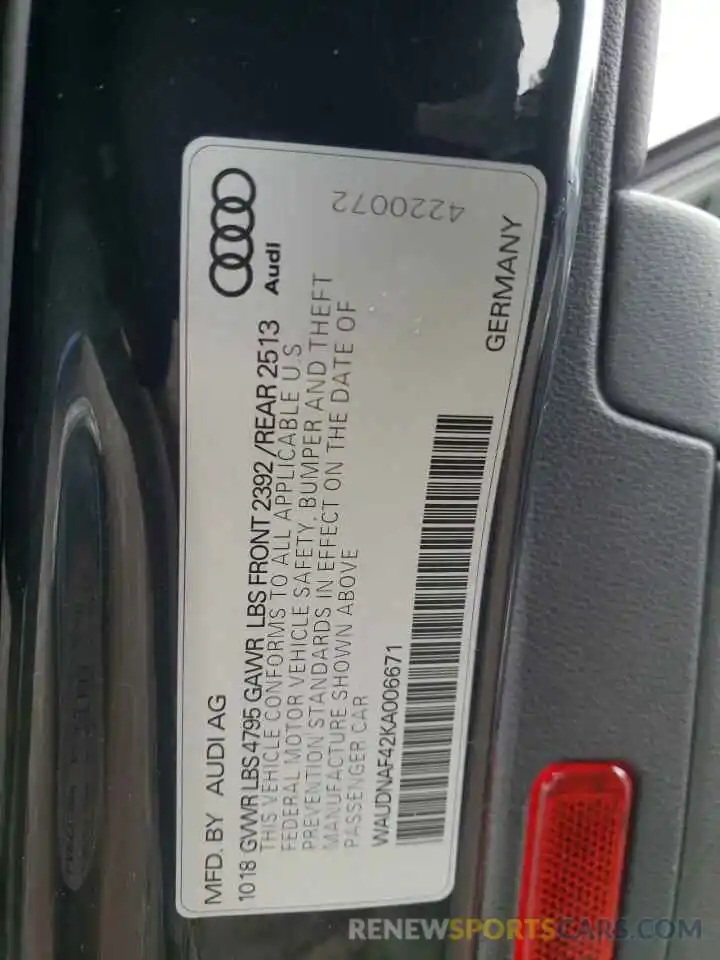 12 Фотография поврежденного автомобиля WAUDNAF42KA006671 AUDI A4 2019