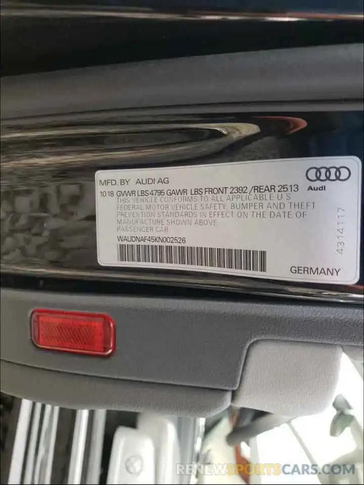 10 Photograph of a damaged car WAUDNAF45KN002526 AUDI A4 2019