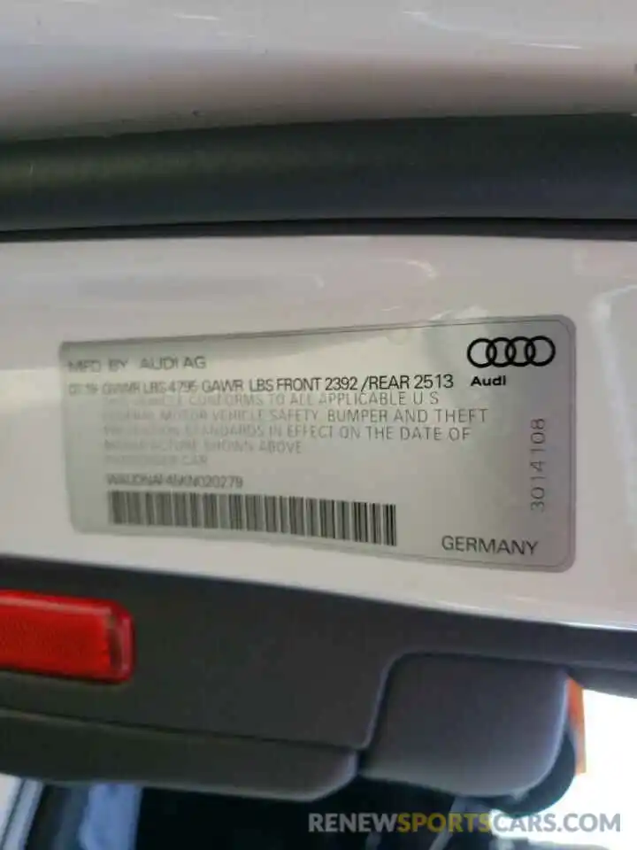 10 Фотография поврежденного автомобиля WAUDNAF45KN020279 AUDI A4 2019