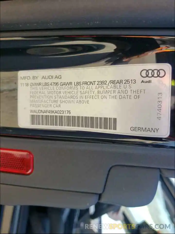 10 Photograph of a damaged car WAUDNAF49KA023175 AUDI A4 2019