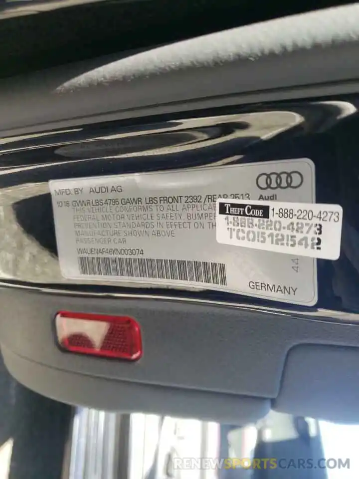 10 Photograph of a damaged car WAUENAF46KN003074 AUDI A4 2019