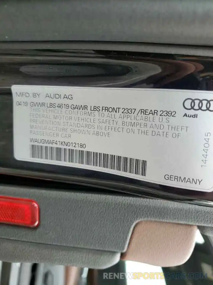 10 Photograph of a damaged car WAUGMAF41KN012180 AUDI A4 2019