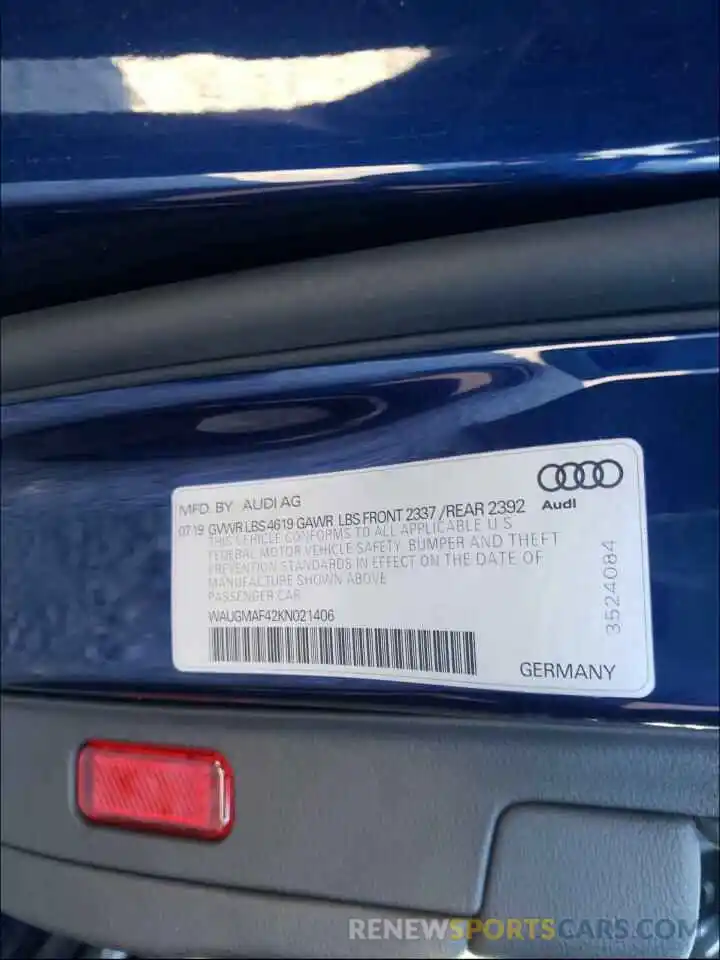 10 Photograph of a damaged car WAUGMAF42KN021406 AUDI A4 2019