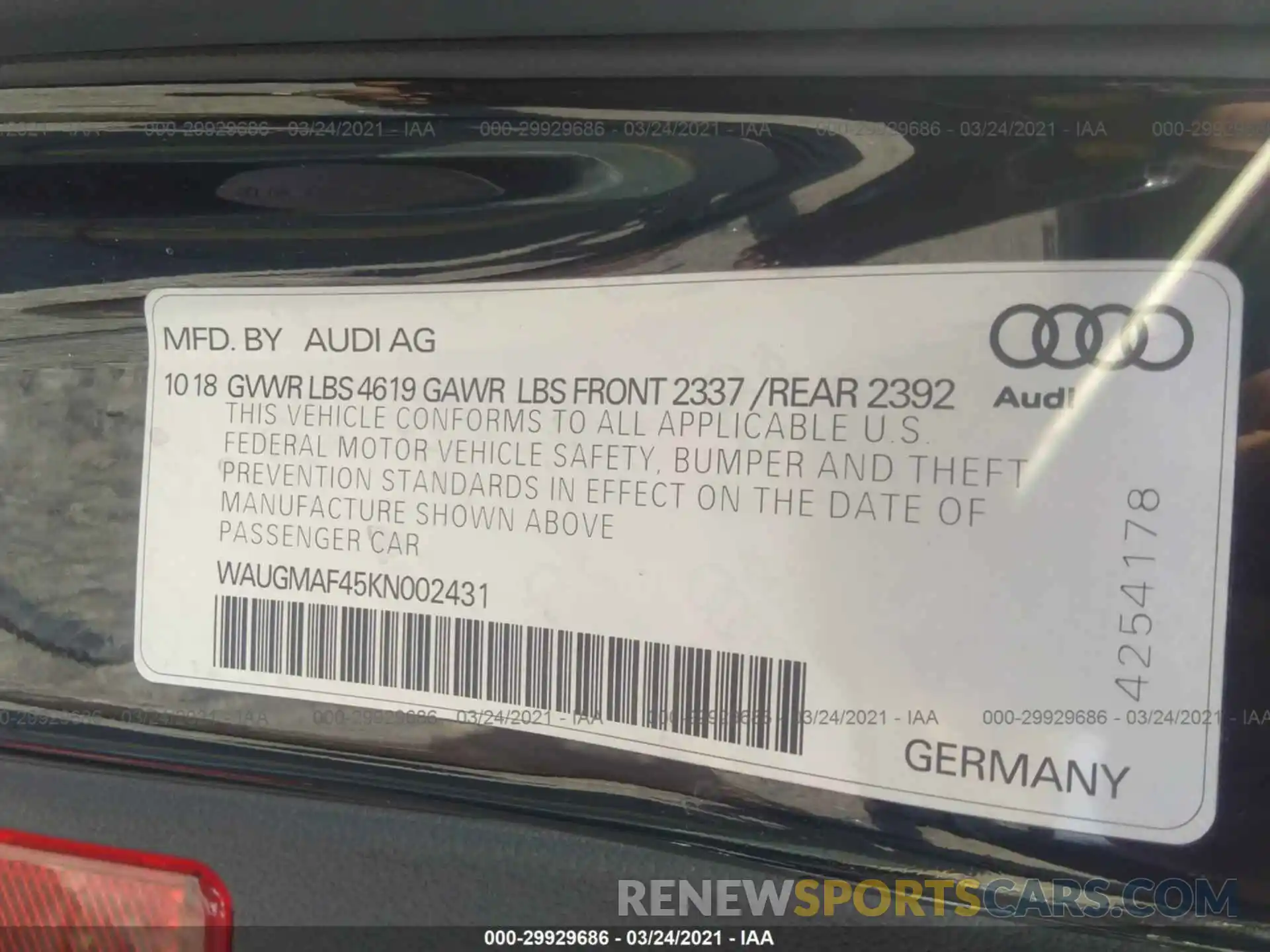 9 Фотография поврежденного автомобиля WAUGMAF45KN002431 AUDI A4 2019