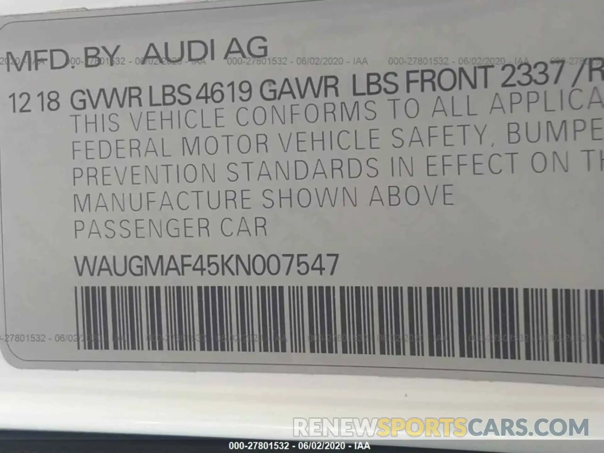 9 Photograph of a damaged car WAUGMAF45KN007547 AUDI A4 2019