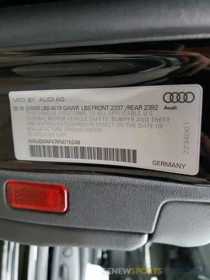 10 Фотография поврежденного автомобиля WAUGMAF47KN016248 AUDI A4 2019