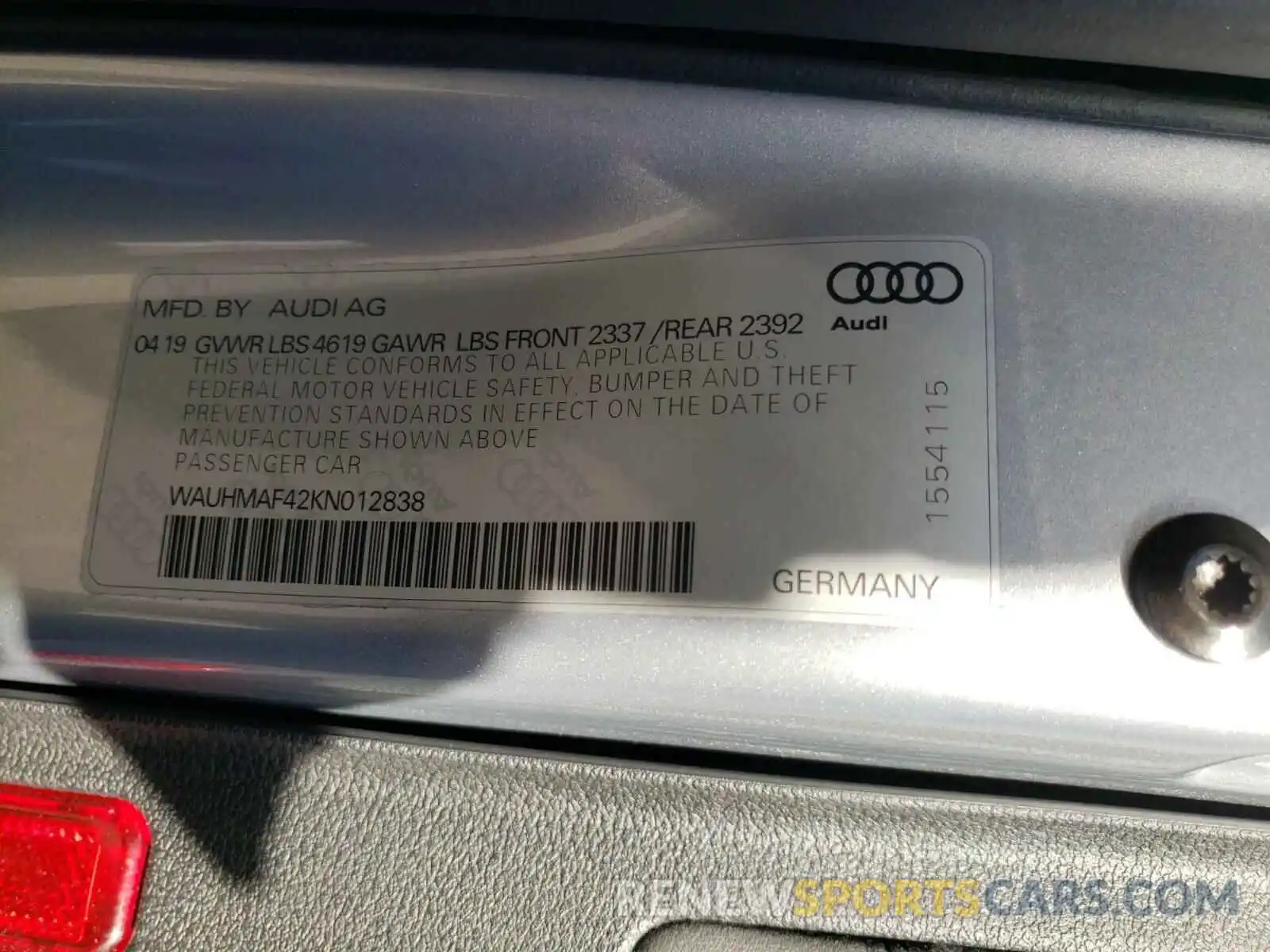 10 Photograph of a damaged car WAUHMAF42KN012838 AUDI A4 2019