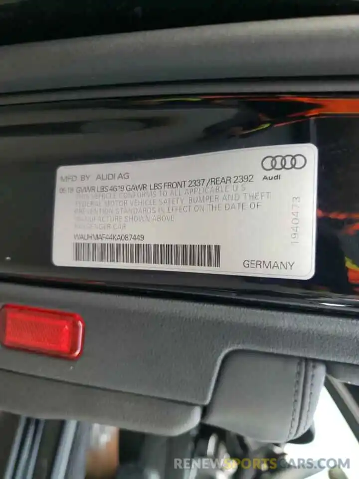 10 Photograph of a damaged car WAUHMAF44KA087449 AUDI A4 2019