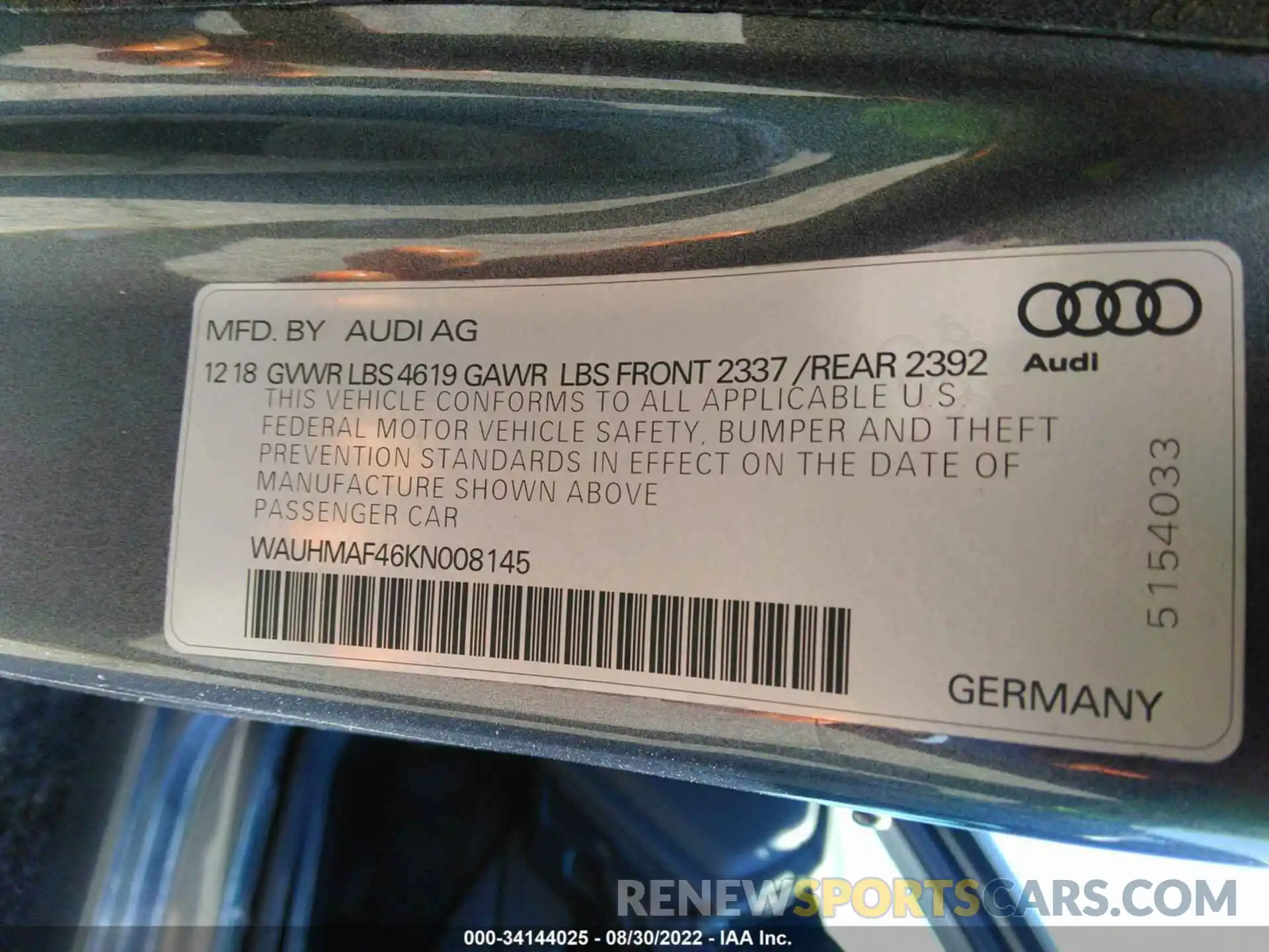 9 Photograph of a damaged car WAUHMAF46KN008145 AUDI A4 2019