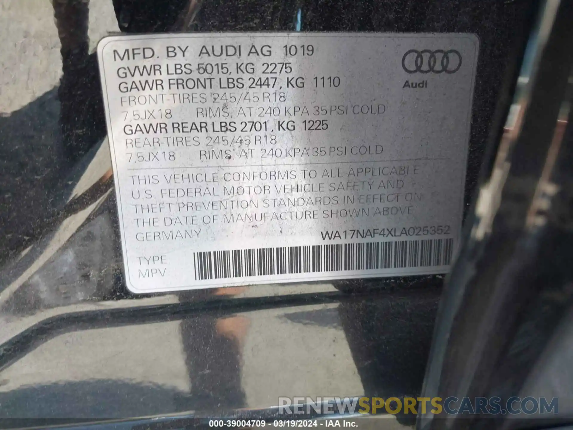 9 Photograph of a damaged car WA17NAF4XLA025352 AUDI A4 ALLROAD 2020