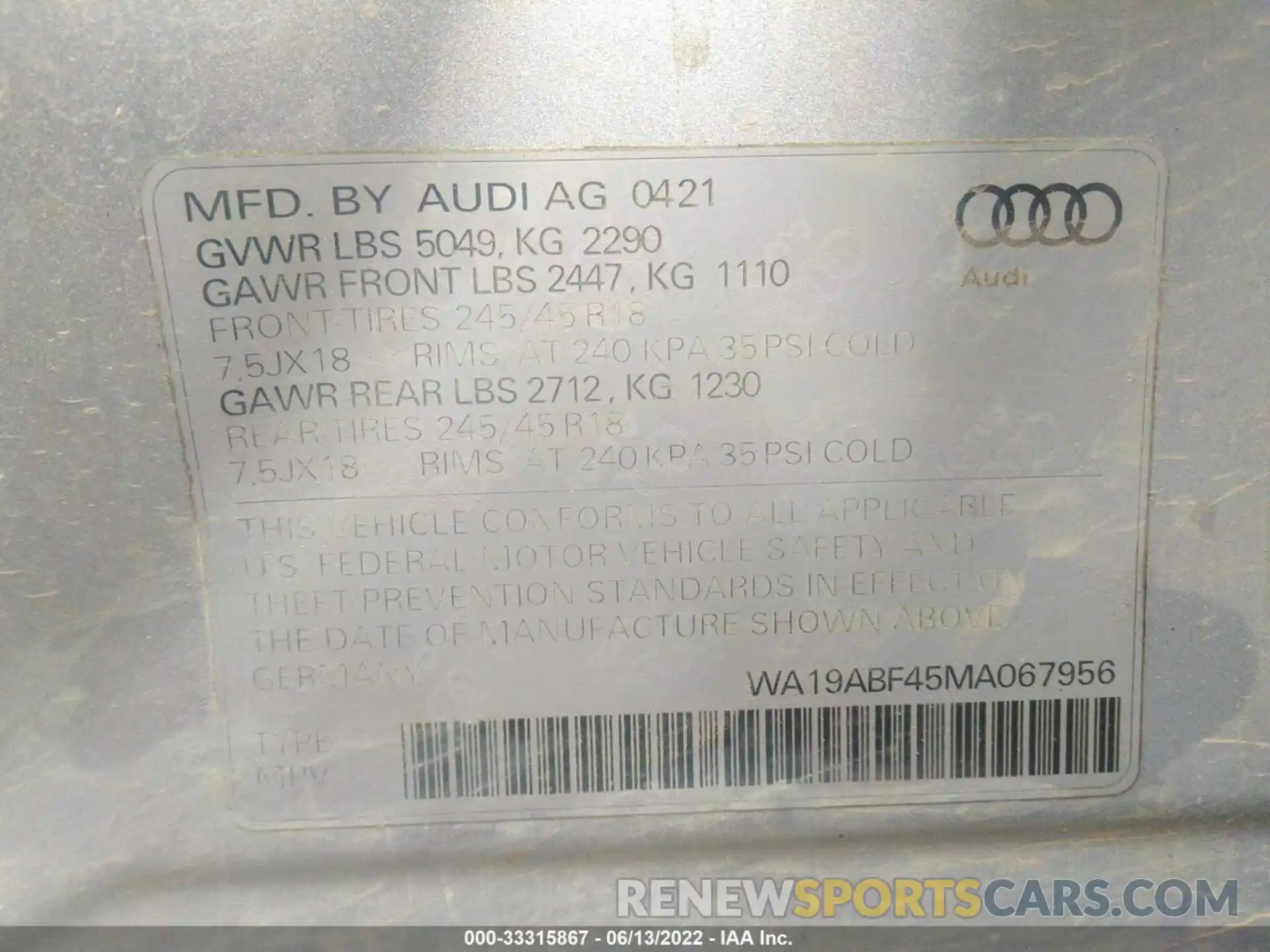 9 Photograph of a damaged car WA19ABF45MA067956 AUDI A4 ALLROAD 2021