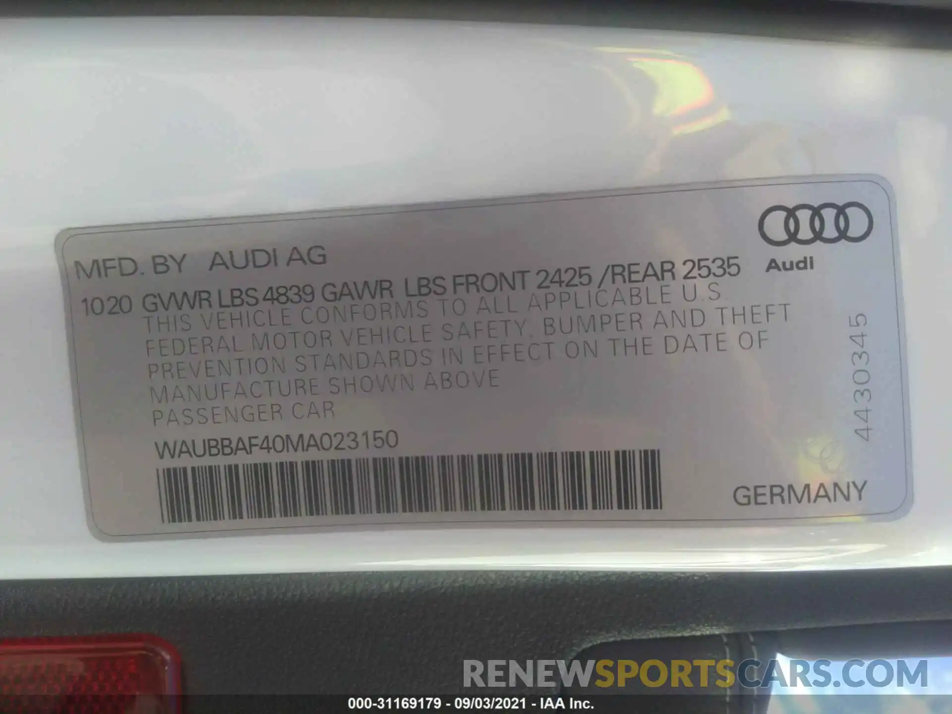 9 Фотография поврежденного автомобиля WAUBBAF40MA023150 AUDI A4 SEDAN 2021