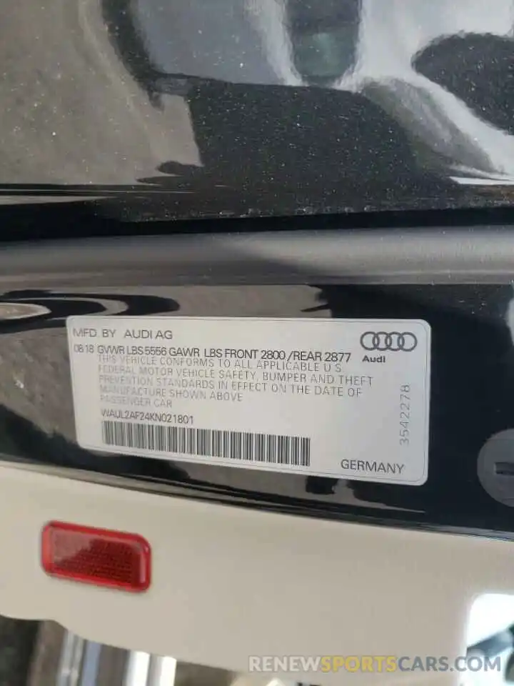 10 Photograph of a damaged car WAUL2AF24KN021801 AUDI A6 2019