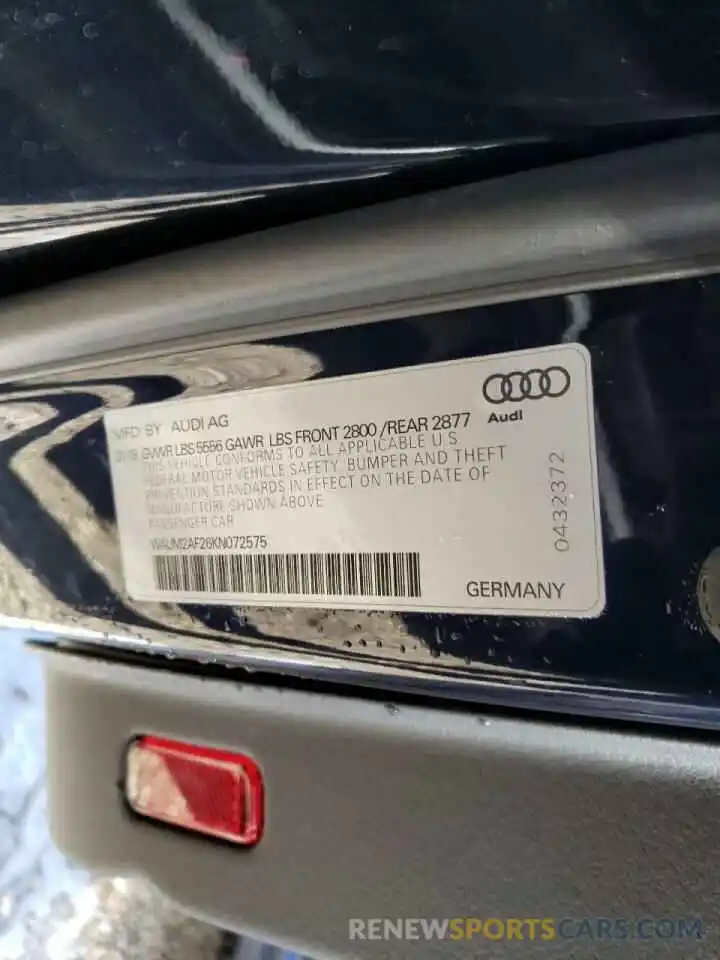 10 Photograph of a damaged car WAUM2AF26KN072575 AUDI A6 2019