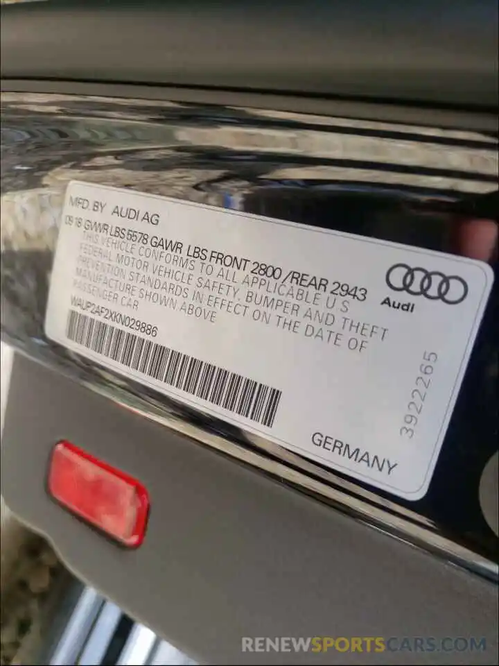 10 Photograph of a damaged car WAUP2AF2XKN029886 AUDI A7 2019