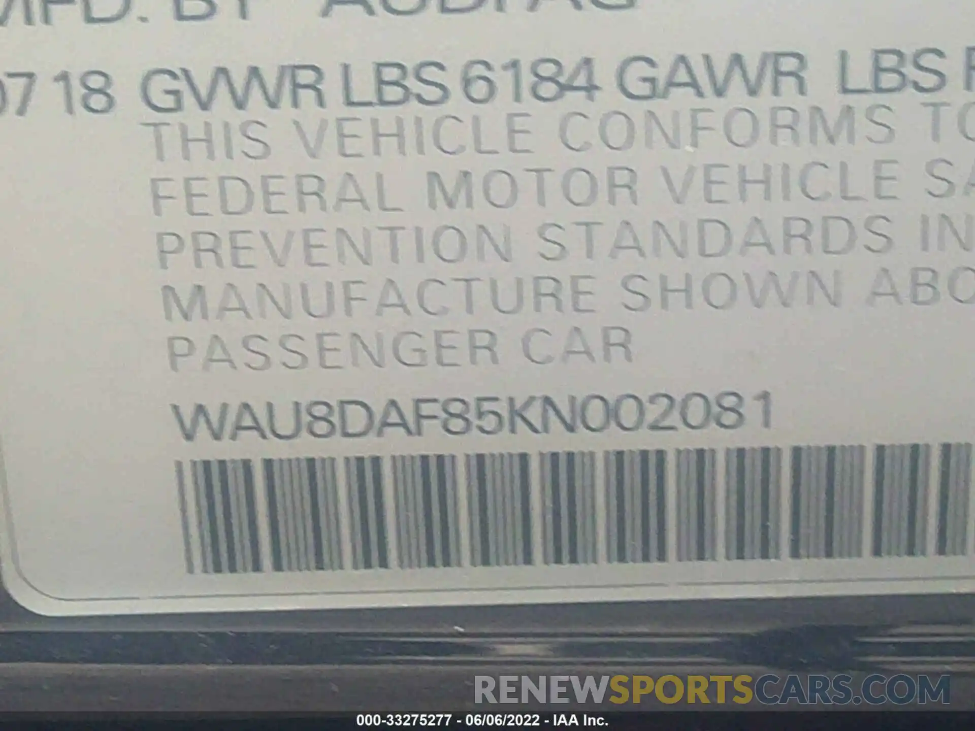 9 Photograph of a damaged car WAU8DAF85KN002081 AUDI A8 2019