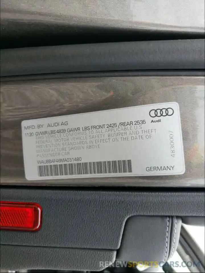 10 Фотография поврежденного автомобиля WAUBBAF46MA031480 AUDI ALL OTHER 2021