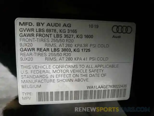 10 Photograph of a damaged car WA1LAAGE7KB022435 AUDI E-TRON 2019