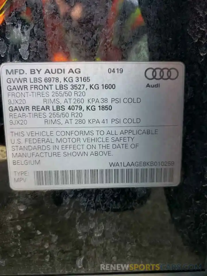 10 Photograph of a damaged car WA1LAAGE8KB010259 AUDI E-TRON 2019