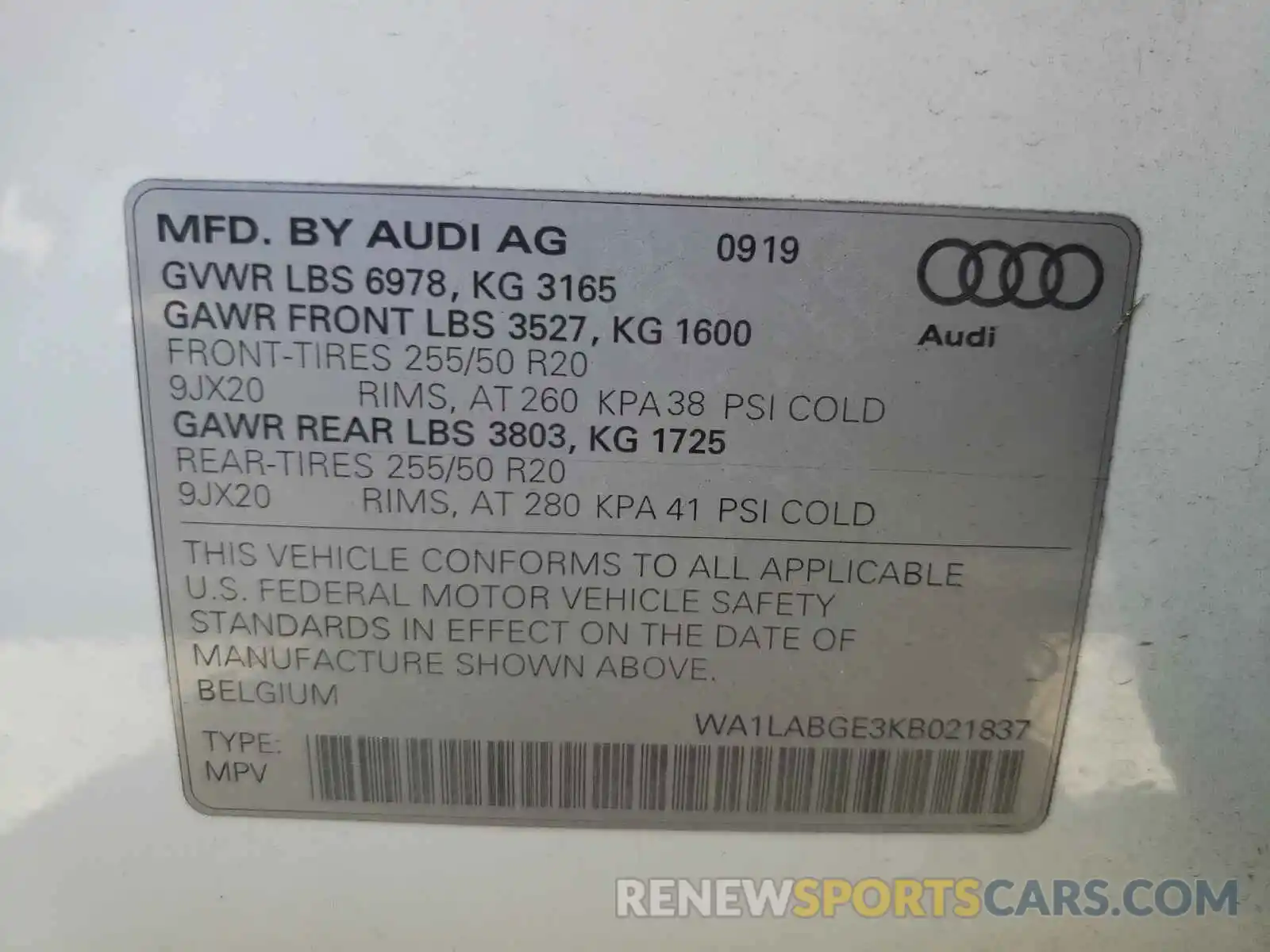 10 Photograph of a damaged car WA1LABGE3KB021837 AUDI E-TRON 2019