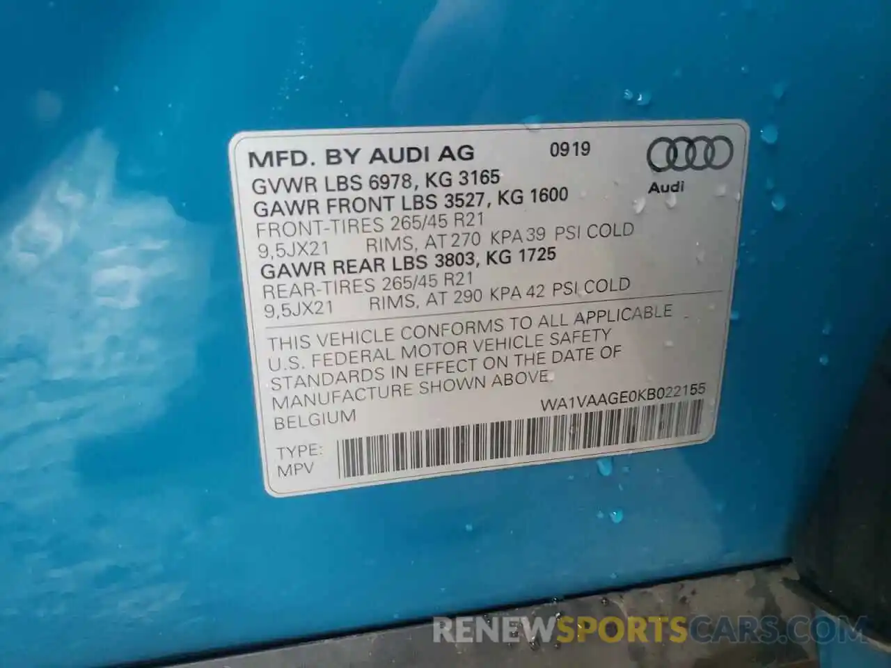 10 Photograph of a damaged car WA1VAAGE0KB022155 AUDI E-TRON 2019