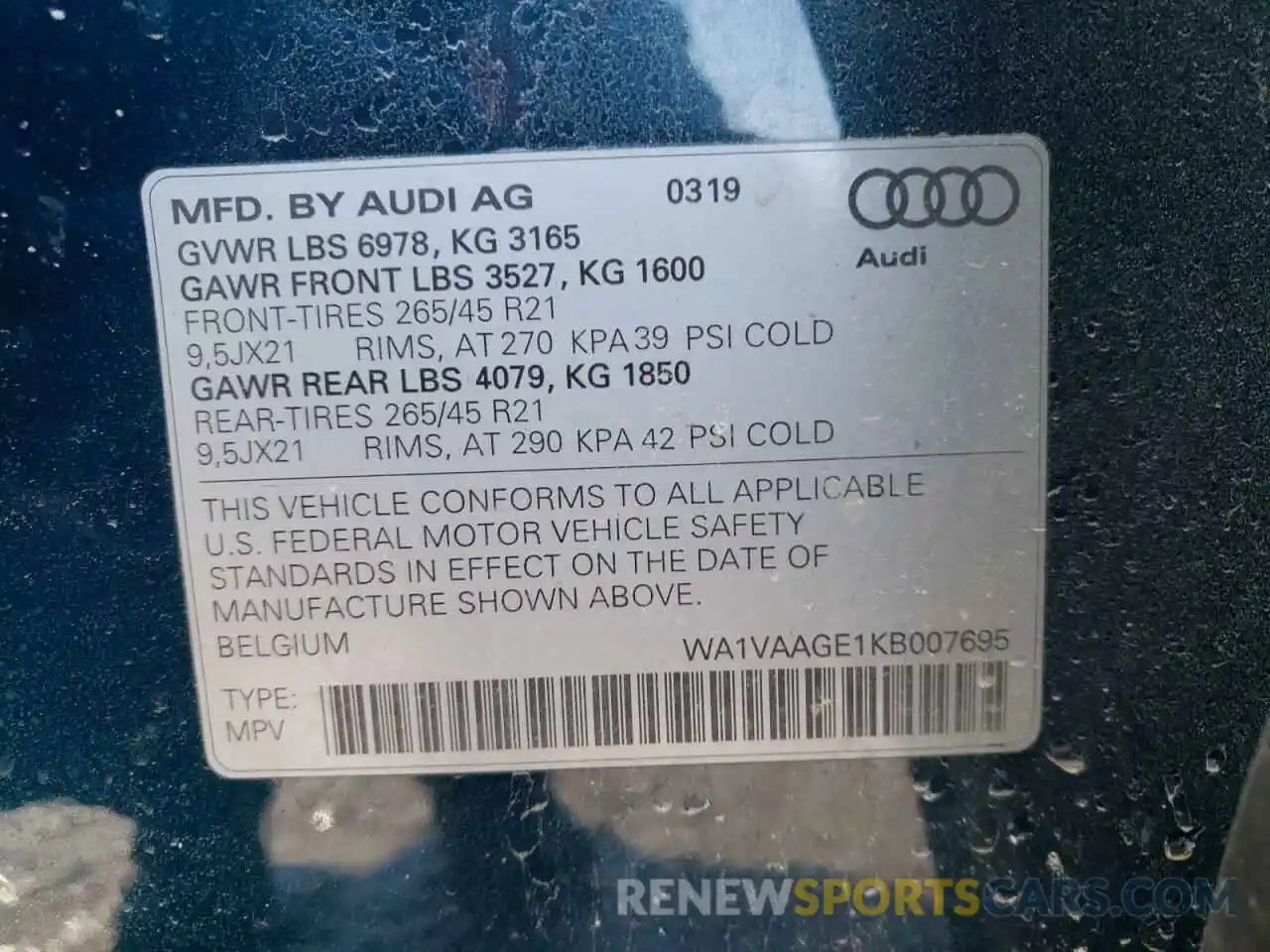 10 Photograph of a damaged car WA1VAAGE1KB007695 AUDI E-TRON 2019