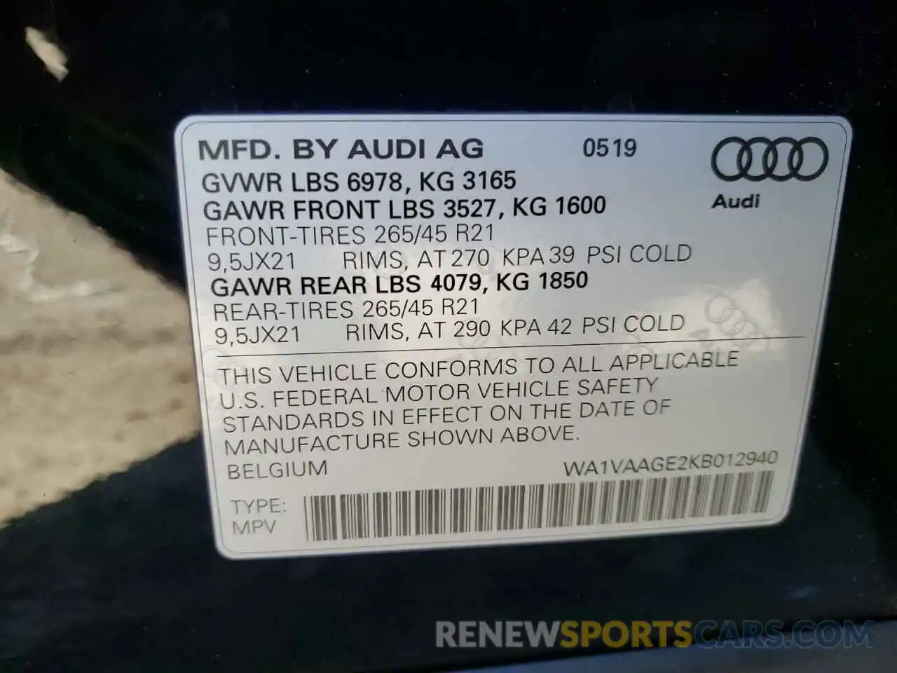 10 Photograph of a damaged car WA1VAAGE2KB012940 AUDI E-TRON 2019