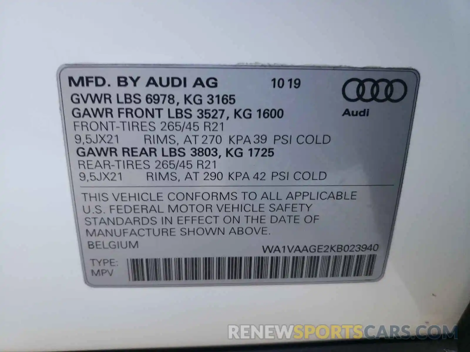 10 Photograph of a damaged car WA1VAAGE2KB023940 AUDI E-TRON 2019