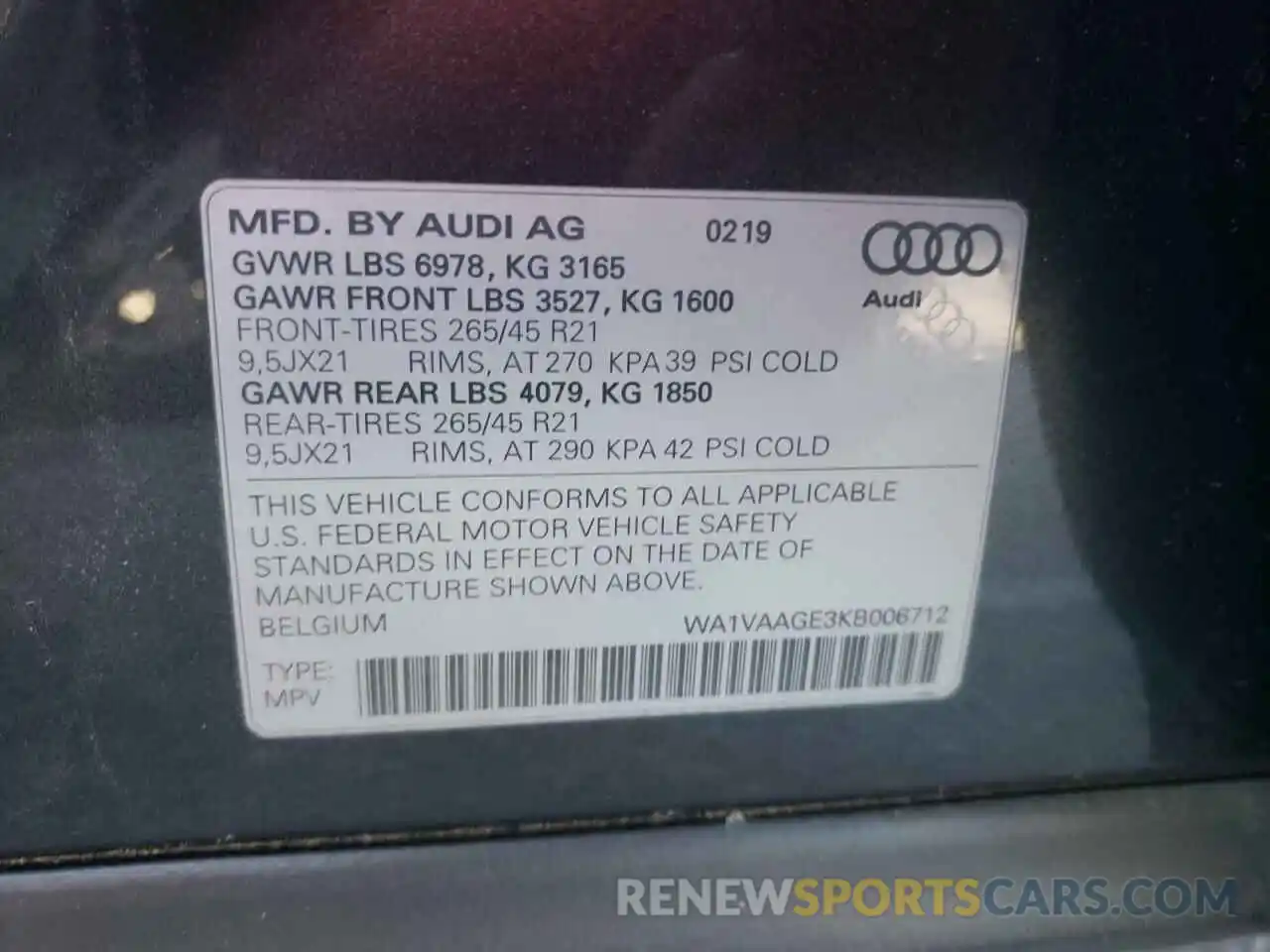 10 Photograph of a damaged car WA1VAAGE3KB006712 AUDI E-TRON 2019