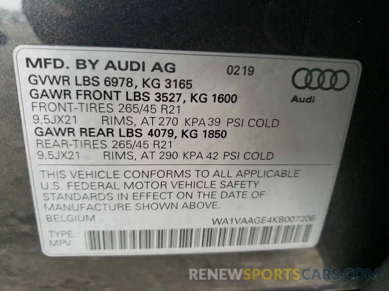 10 Photograph of a damaged car WA1VAAGE4KB007206 AUDI E-TRON 2019