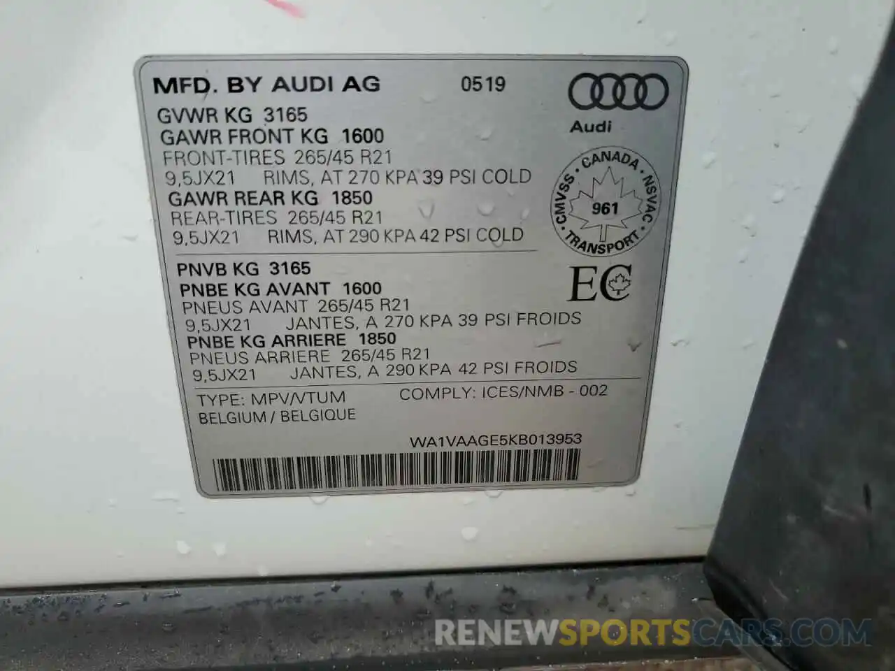 13 Photograph of a damaged car WA1VAAGE5KB013953 AUDI E-TRON 2019