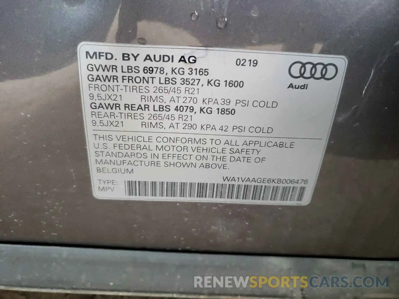 10 Photograph of a damaged car WA1VAAGE6KB006476 AUDI E-TRON 2019