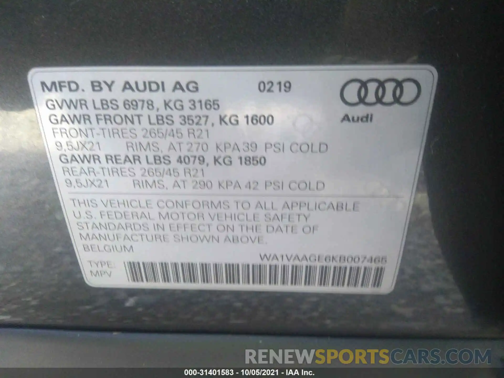 9 Фотография поврежденного автомобиля WA1VAAGE6KB007465 AUDI E-TRON 2019