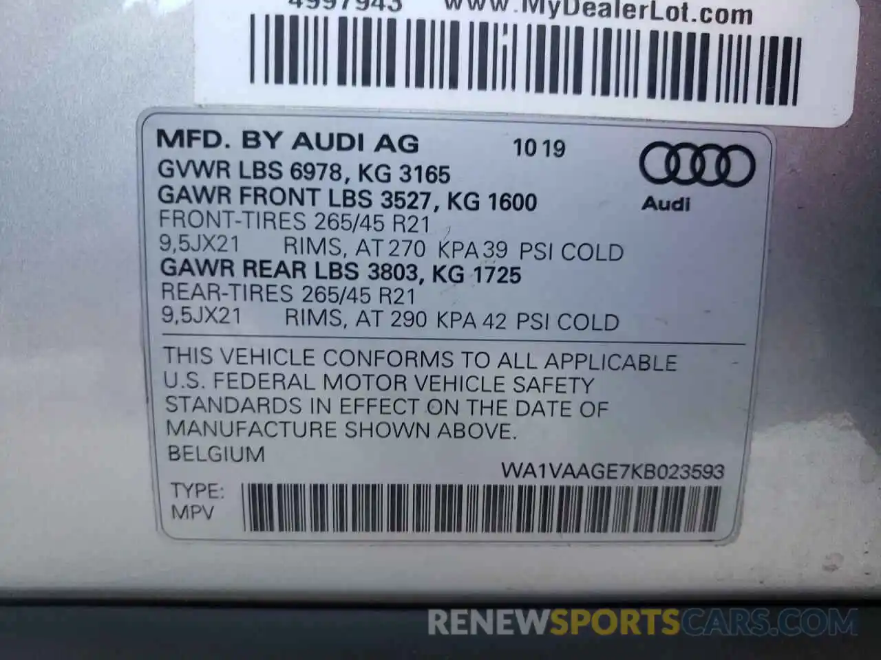 10 Photograph of a damaged car WA1VAAGE7KB023593 AUDI E-TRON 2019