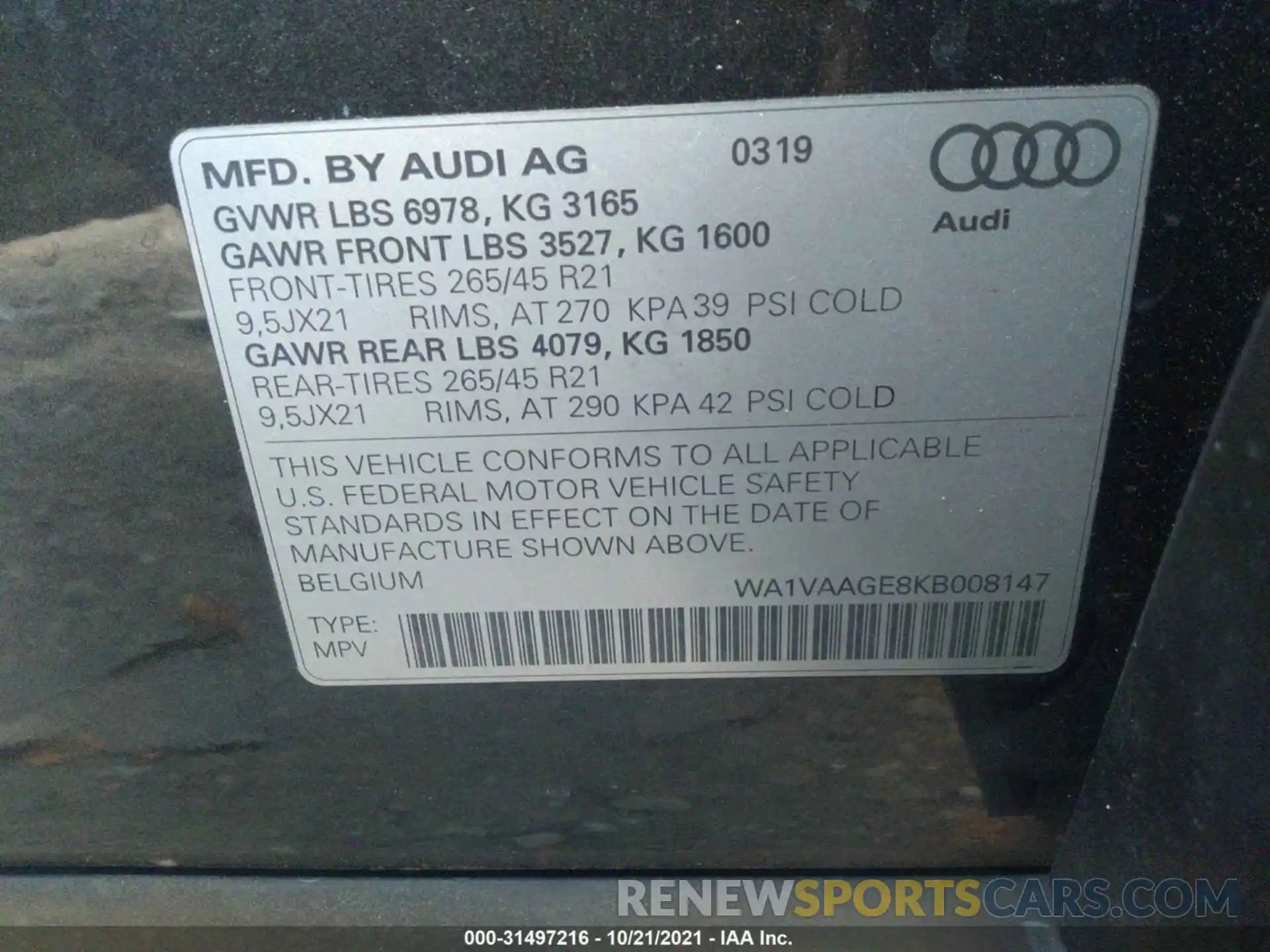 9 Photograph of a damaged car WA1VAAGE8KB008147 AUDI E-TRON 2019