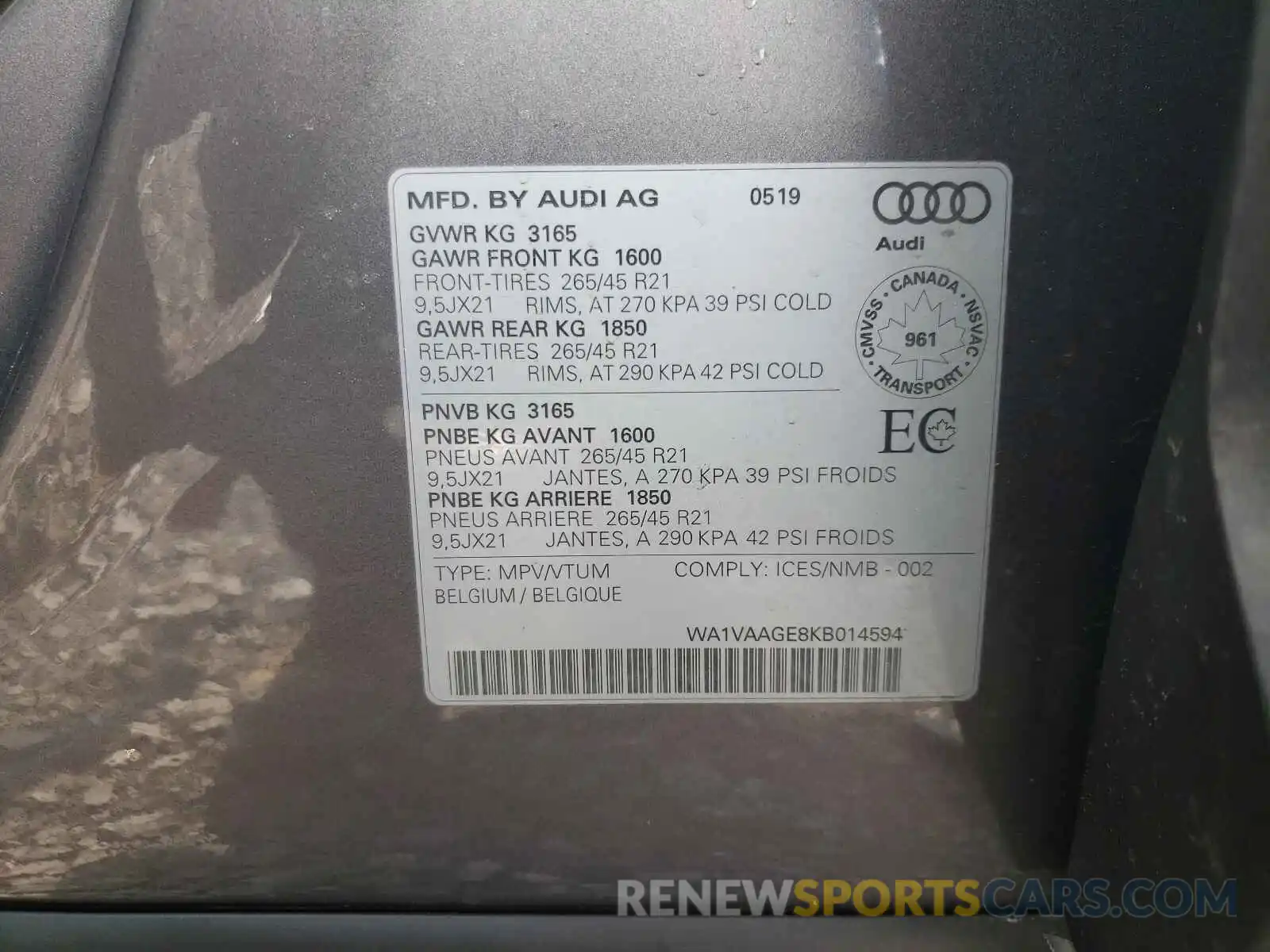 10 Фотография поврежденного автомобиля WA1VAAGE8KB014594 AUDI E-TRON 2019