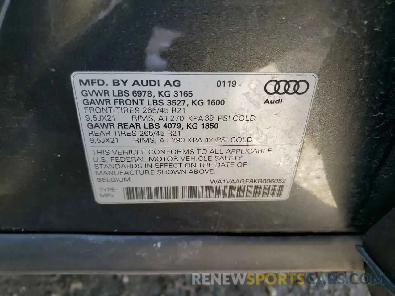 10 Photograph of a damaged car WA1VAAGE9KB006052 AUDI E-TRON 2019